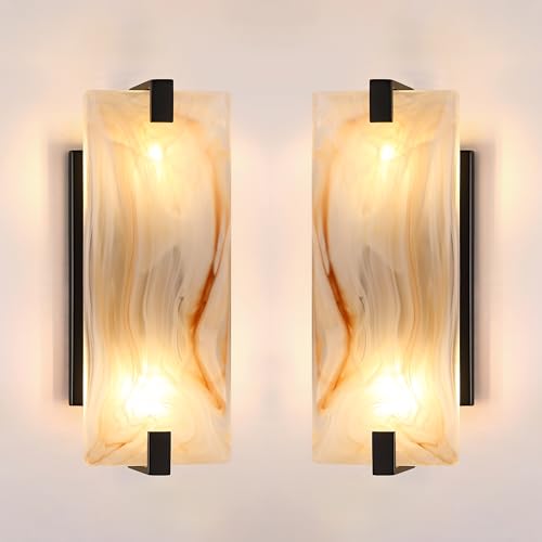 Image of 12.7 inch Art Orange Square Glass Bathroom Modern Wall Sconce Fixture for Bedroom Hallway Bedside 2 Pack 2 Light Black Wall Sconce