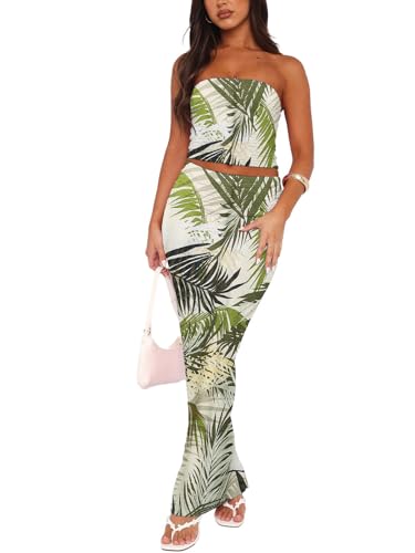 Image of Two Piece Dress Outfits for Women Sleeveless Tube Tops Bodycon Maxi Dress Summer Strapless Crop Top Sexy Suits Set