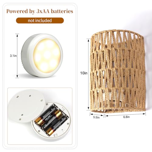 Image of FINCMY Boho Wall Decor Battery Operated Wall Sconce Set of 2, 18 RGB Colors Wall Lights Changeable Dimmable Wireless Wall Sconces for Bedroom Living Room Hallway, Natural Hemp Rope Boho Decor