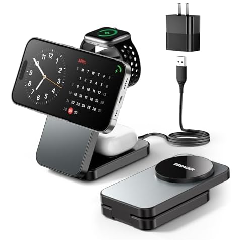 ESSAGER 3 in 1 Foldable Travel Wireless Charger Compatible with iPhone 16/15/14/13/12 Series, 15W Magnetic Wireless Charging Station for Desk for Airpods 4/3/2/Pro, iWatch with 20W Adapter Cover