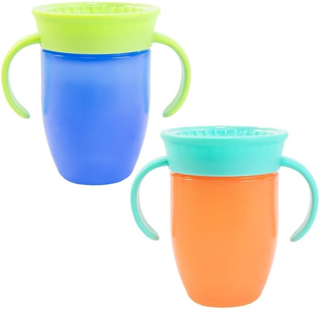 Nuby All Around Water Bottle with Handle - No Spill Sippy Cup | 210ml / 7oz | Drink from Any Angle | Dishwasher Safe | BPA Free | Suitable Beaker for 4 Months Plus (Pack of 2, Blue/Orange)