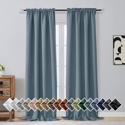 Image of Stone Blue Blackout Curtains for Bedroom 96 Inches Long 2 Panels, Soft Fabric Blackout Curtains, Room Darkening Living Room Window Treatments, Dual Rod Pocket Window Drapes, 2x40Wx96L Inches