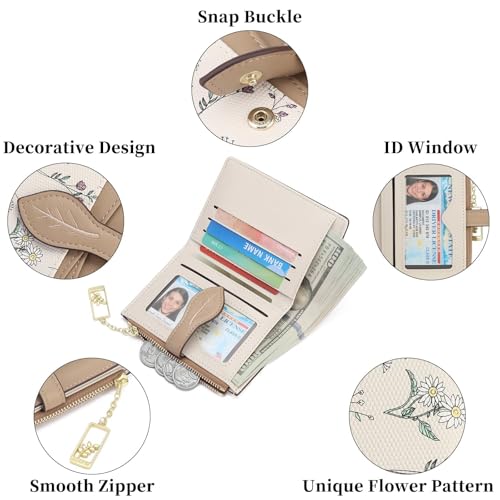 Image of GAEKEAO Small Wallets for Women RFID Blocking Bifold Floral Vegan Leather Wallet Card Holder with Zipper Pocket ID Window