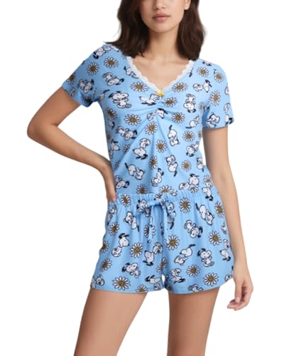 Image of COCO BRANDS Peanuts Snoopy Strawberry Shortcake Womens Pajama Sets - 2 Piece Short Sleeve Sleep Shirt and Pajama Shorts