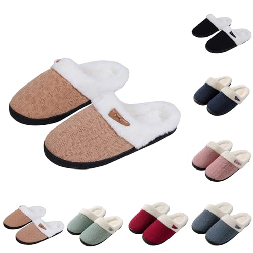 Slippers For Women Fuzzy, Women's Warm Knit House Slipper Comfy Cloud Wool-Like Lined Home Shoes with Memory Foam and Indoor Outdoor Soft Soles