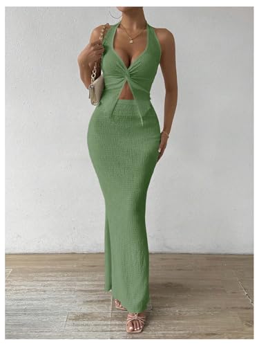 Image of SOLY HUX Women's Two Piece Outfits Twist Front Halter Cami Tops and Skirt Summer Set