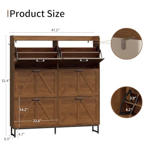 Image of Xixini Shoe Storage Cabinet with 6 Flip Drawers, Entryway Shoe Rack, Walnut | Freestanding Narrow Shoe Storage, Hidden Slim Wood Shoe Organizer, Modern Farmhouse, Open Storage & Hooks for Closet, Hallway