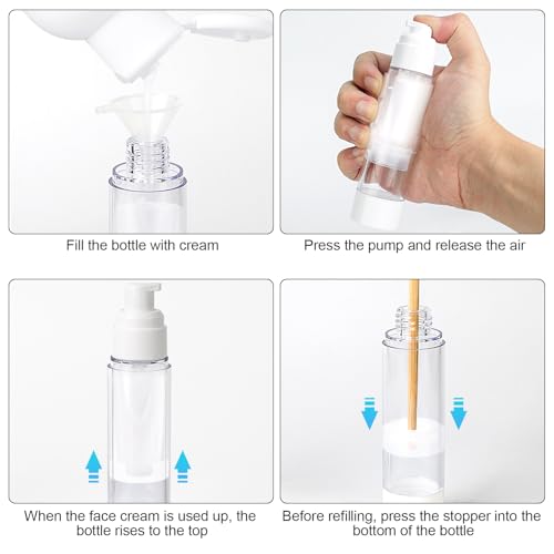 MirraSwit 6 Stück Airless Pumpspender, 100ml/50ml/10ml Creme Spender Pumpflasche Leer, Nachfüllbar Vakuum Kosmetikbehälter, mit Spatel, Trichter, Aufkleber für Reise Lotionen Shampoo Kosmetik