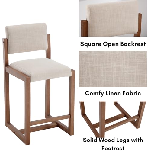 Butacos de barra LukeAlon, tapizados en lino beige, con patas de madera sólida y reposapiés, altura de asiento 26 pulgadas, set de 2 piezas miniatura 4