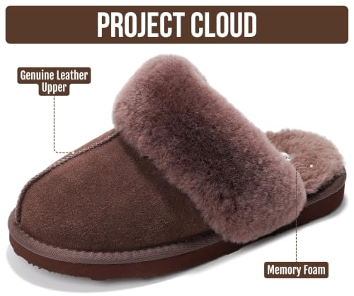 Image of Project Cloud Genuine Leather Slippers for Women with Genuine Fur Lining, Non-Slip Indoor /Outdoor Clog Mule Slippers, Memory Foam Insole