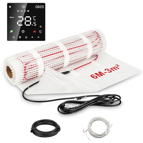 TEOV Elektrische Fußbodenheizung 6M 3m² mit Thermostat, 230V, 160 W/m² Selbstklebend Fußbodenheizung,für Laminat, Fliesen mehr