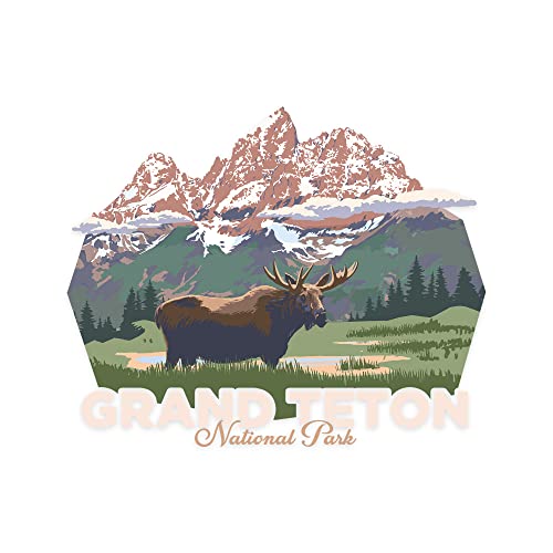 Grand Teton National Park, Wyoming, Moose and Mountains, Alt Contour Vinyl Die-Cut Sticker 1 to 3 inches (Waterproof Decal for Cars, Water Bottles, Laptops, Coolers), Small