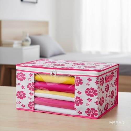 Image of Flower Printed Saree Covers for Cloth Storage & Wardrobe | Transparent Window, Zipper Closure | Pink-White | Pack of 20 | Dustproof Breathable Storage Bag for Travel & Home Use