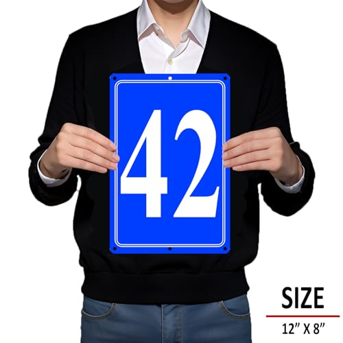 Image of Premium Aluminum Number Signs 42, Metal 12 inch X 8 inch Blue Numbered Signs Outdoor for Parking Lots, Floor, Dock, Court, Aisle, Field, High Visibility, No Fade, Weather-resistant