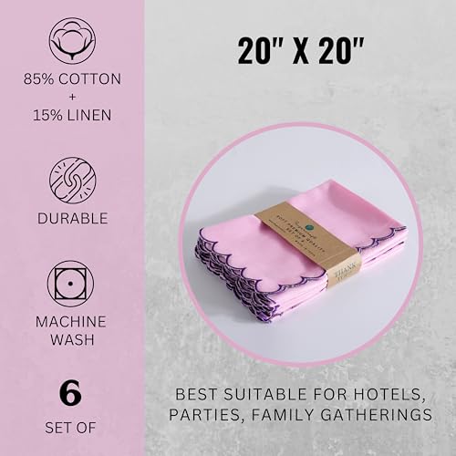 Image of Scallop Cloth Napkins 20x20 Inches Size Set of 6, Roti Cloth Cotton Linen Fabric Embroidered Pink Table Napkins Good Absorbency for Farmhouse, Home, Kitchen, Wedding Parties (Pastel Pink)