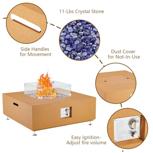 36" Outdoor Fire Pit Table,50000BTU Rectangle Propane Fire Pit with Glass Wind Guard, Lid, Rocks and Rain Cover, CSA Certified Outdoor Propane Gas Fireplace for Deck or Patio