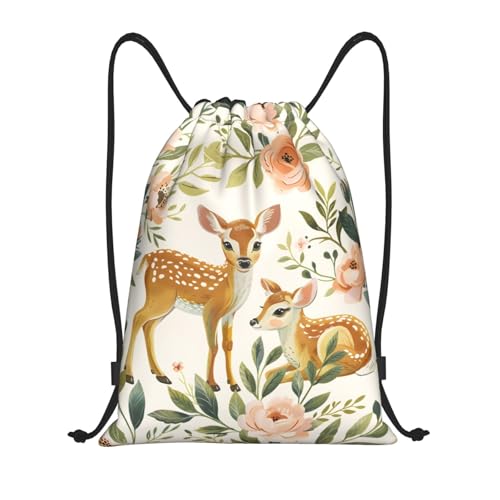 Rose Deer Pattern Drawstring Backpack for Women Men Lightweight Sports Gym Sackpack Cinch Bag Water Resistant Draw String Bags for Hiking Yoga Swimming Travel Beach