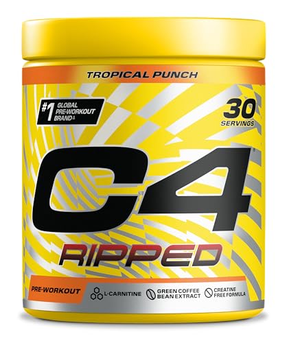 C4 Ripped Pre Workout Powder Tropical Punch 30 Servings | | Zero Sugar Pre Workout with 150mg Caffeine, 500mg L Carnitine, 1600mg Beta Alanine, 200mg Green Coffee Bean Extract