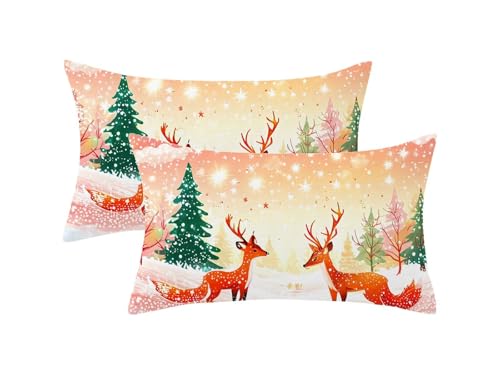 Juego de 2 Crema Fundas Cojines Exterior Impermeable, Ciervo Funda Cojin 40x70 con Cremallera Invisible, Impermeable Lino Cushion Covers para Exterior Jardín Sofá Patio Decor, Regalo Mujer,Model215