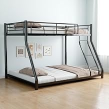 Heavy Duty Metal Low Bunk Bed with Ladder and Safety Guardrails, Twin Over Full Bunk Bed Frame with Steel Slats for Adults, Teens, Kids, Boys and Girls, Space Saving Black