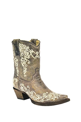 Corral Women's Crater Embroidery Short Cowboy Boot Snip Toe Brown