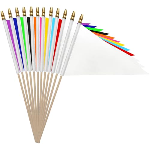 WEITBF 12Pcs 812 Inch Solid White Red Orange Yellow Green Blue Purple Black Pink Pennant Flags Set Small Mini Blank Sublimation DIY Triangle Flags on Stick Handheld Solid Color Graffiti Flag