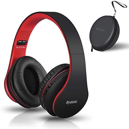 Bluetooth Headphones Over Ear, Rydohi Foldable Wireless and Wired Stereo Headset with Built-in Mic, Micro SD/TF, FM Radio, Soft Earmuffs & Light Weight for Cell Phone PC TV Travel (Black-Red)