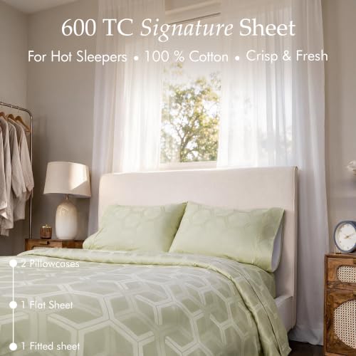 Image of Threadmill 600TC Cotton Full Sheet Set, Sateen, Jacquard, Sage Green