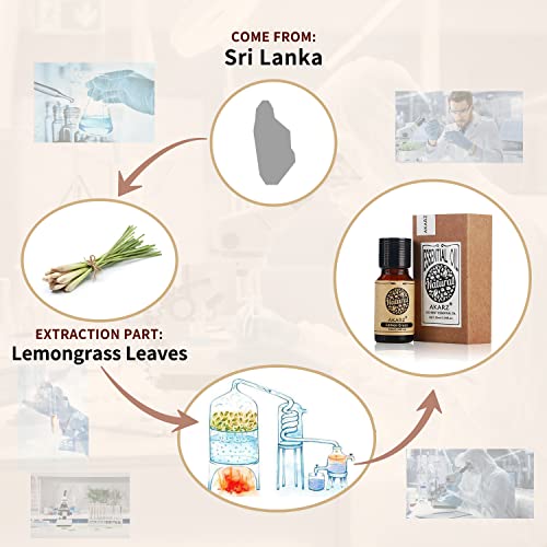 Lemongrass Essential Oil Akarz Natural Organic Pure Premium Therapeutic Lemon Grass Oil For Bees Skin Body Hair Care, Diffuser, Candle,Soap,Making, Diy,Massage Aroma 0.34 Fl Oz (10Ml) #TOP1