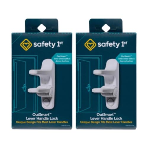 [2 Pack] OutSmart White Plastic Lever Handle Lock 1 pk with Scissors - Decoy Button Door Lock - Child Proof Lever Handle Baby Safety Cabinet