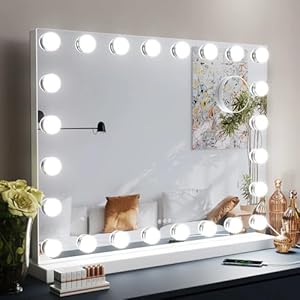 32″x24.5″ Vanity Mirror with Makeup Lights,Tabletop Mirror with USB & Type-C Charing, Large Hollywood Light up Mirrors w/ 24 LED Bulbs for Bedroom Tabletop & Wall Mounted (White)