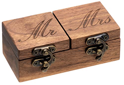 COSISO Mr & Mrs Vintage Wooden Wedding Ring Box for Ceremony Engagement Proposal Bearer Display or Jewelry Organizer Storage (Black Inner)