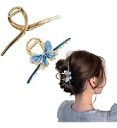 0GULUS 迷わない ヘアクリップ 2個 大きめ バンスクリップ しっかり 大人可愛い フォーマル オフィス シンプル 長い髪 韓国 ヘアアクセサリー (ゴールドバンズ・蝶ブルー)