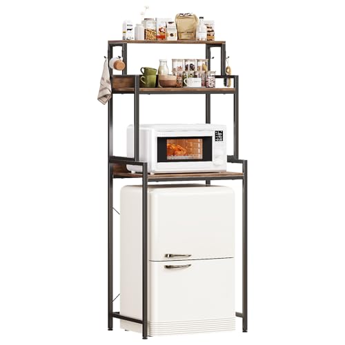 Espelism 3-Tier Mini Fridge Stand Kitchen Bakers Rack with Adjustable Shelves, Freestanding Microwave Stand with Storage, Split Design Coffee Bar Station for Home Office Dorm (Rustic Brown, 25.6')