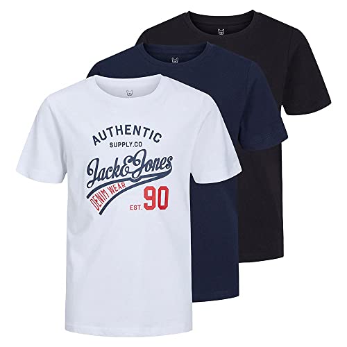 Image of JACK&JONES Junior Boy's Jjethan Tee SS Crew Ne 3pk MP Noos Jnr T-Shirt, Black/White/Navy Blazer, 8 Years