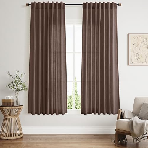 Image of Cappuccino Curtains 63 Inches Long 2 Panel Sets for Living Room Bedroom, Light Filtering Linen Drapes for Kitchen Windows Rod Pocket or Back Tab Curtain,Semi Sheer 52x63