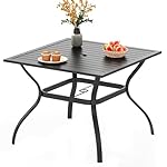 PHI VILLA 37 Inch Outdoor Dining Table Metal Steel Slat Square Patio Dining Table with 1.57" Umbrella Hole for Garden, Backyard and Porch (Classic Black)