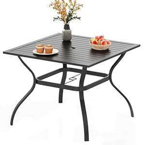 PHI VILLA 37 Inch Outdoor Dining Table Metal Steel Slat Square Patio Dining Table with 1.57″ Umbrella Hole for Garden, Backyard and Porch (Classic Black)