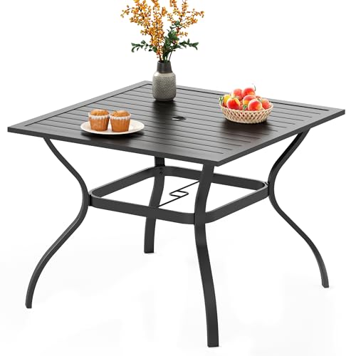 PHI VILLA 37 Inch Outdoor Dining Table Metal Steel Slat Square Patio Dining Table with 1.57″ Umbrella Hole for Garden, Backyard and Porch (Classic Black)
