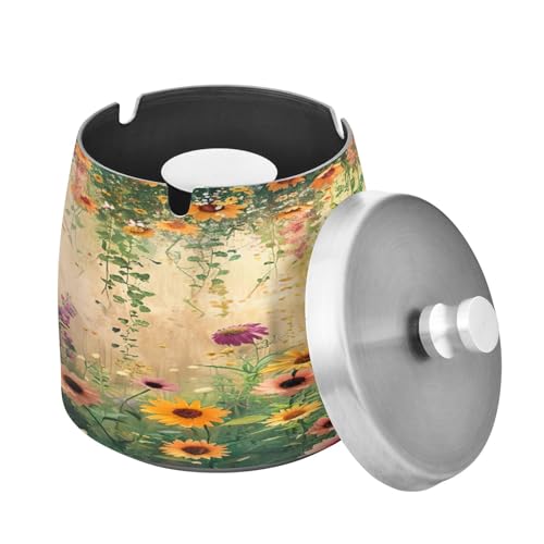 SKYSHU Cendrier mural en forme de fleur avec couvercle amovible et coussinet antidérapant, en acier inoxydable résistant aux rayures, sans fumée, inodore, coupe-vent, pour fumoir intérieur et