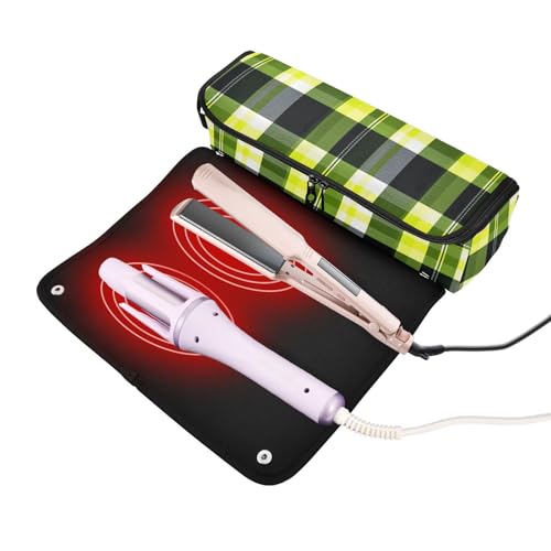 Bolsa de viaje para herramientas de cabello y tapete resistente al calor con cierre para planchas y rizadoras, patrón Lima Verde a cuadros blancos miniatura 2