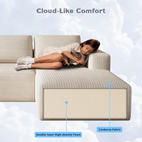 Image of 106 inch Corduroy Sectional Couch, Boneless L Shaped Couch with Deep Seat, Cloud Foam Sofa with Oversized Chaise, Sectional Sofa No Assembly Needed for Living Room