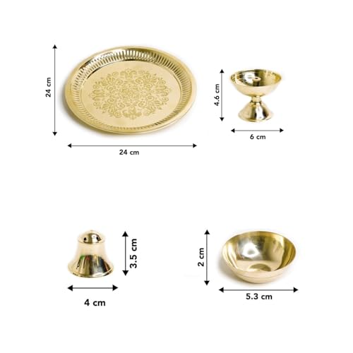 Image of Ekhasa 100% Pure Brass Pooja Thali Set | Puja Thali Set for Home Or Gifting | Brass Aarti Thali for Pooja, Mandir, Wedding, Festivals | Pital Pooja Set Items for Home Decorative | Peetal Plate