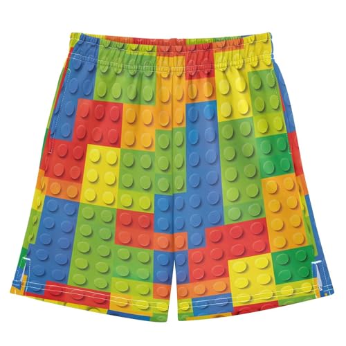 Colorful Building Blocks Athletic Shorts with Zipper Pockets, Youth Boys Athletic Running Shorts for Summer