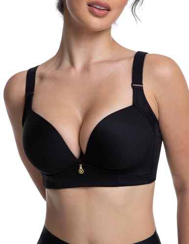FallSweet Wireless Add 2 Cups Padded Plunge Bras Back Smoothing Push Up Brasieres, Black, 40D