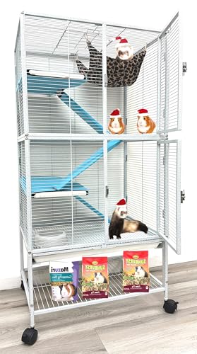 Large Deluxe Double Unit 4-Floors Tight 1/2-Inch Bar Spacing Durable Front Doors for Feisty Ferret Chinchilla Rat Mouse Hamster Gerbil Small Animals Critters Easy Clean Pull Out Tray Rolling Cage