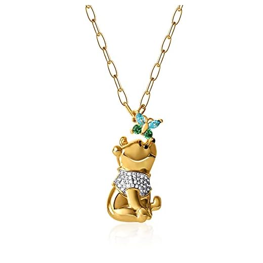 Disney Winnie the Pooh Pendant Necklace Paper Clip Chain 18-Inch - Yellow Gold-Plated Necklace with Butterfly and Pooh Pendant - Winnie the Pooh Jewelry