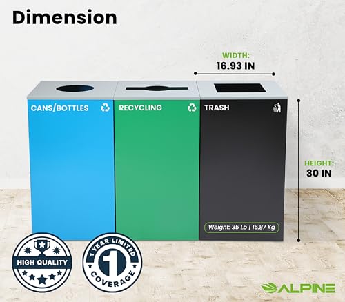 Alpine Indoor Recycling Bin -Commercial Trash Can Recycling Station Combo, Customizable 3 Compartment Metal, Large, Black, Blue, Green Recycle Trash Cans with Lids & Stickers for Office, Mall, Airport - Thumbnail 7