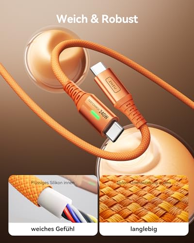 INIU 240W USB C Kabel, [2 Stück 2m] USB C auf USBC Schnellladekabel Orange – Ansicht 5