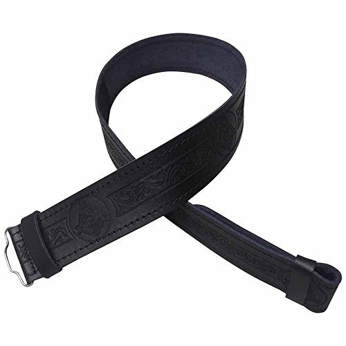 Scottish Highland Black Leather Kilt Belt without Buckle in Masonic Embossed
